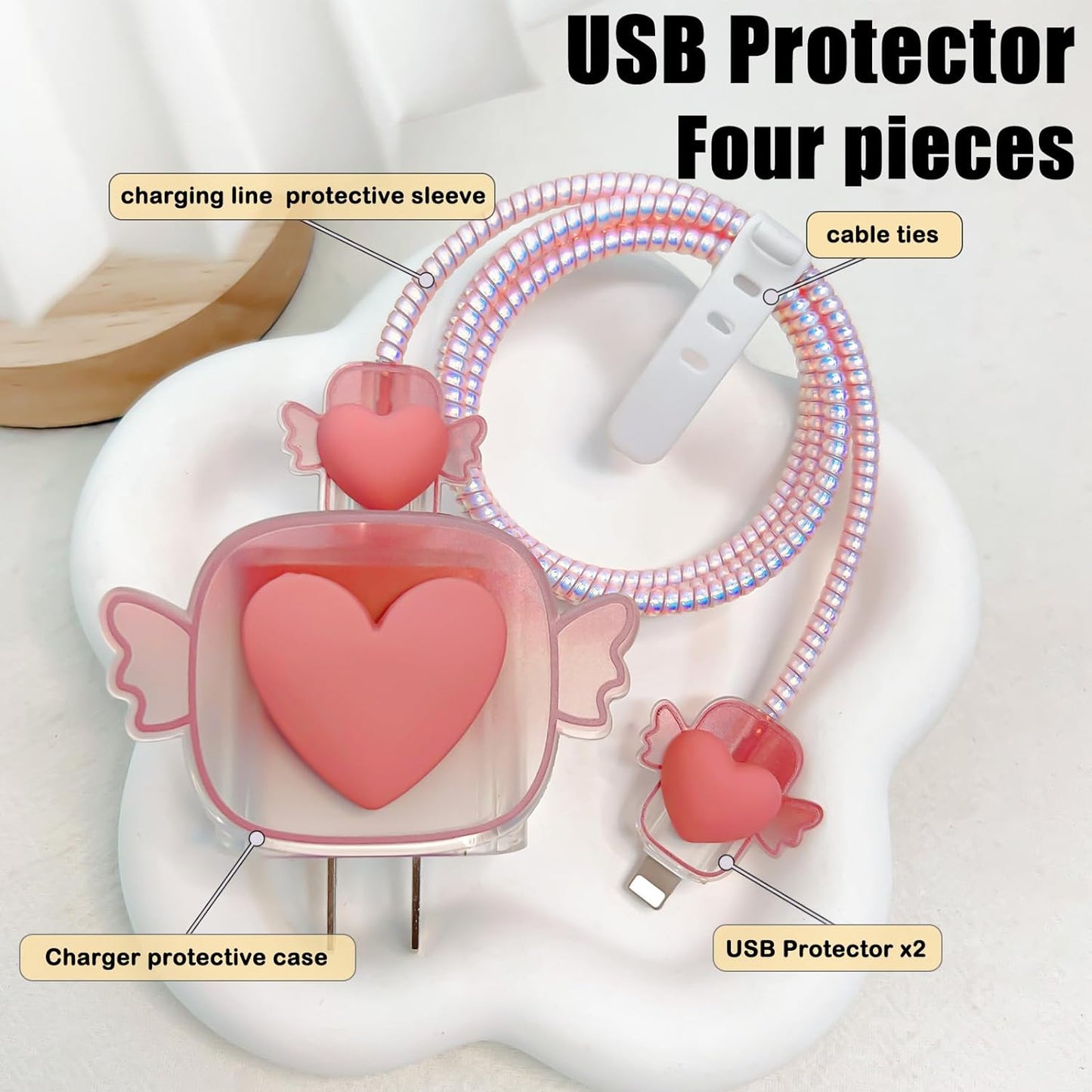 Protège Câble Type-C, chargeur avec Design de Cœur 3D Rose - informati