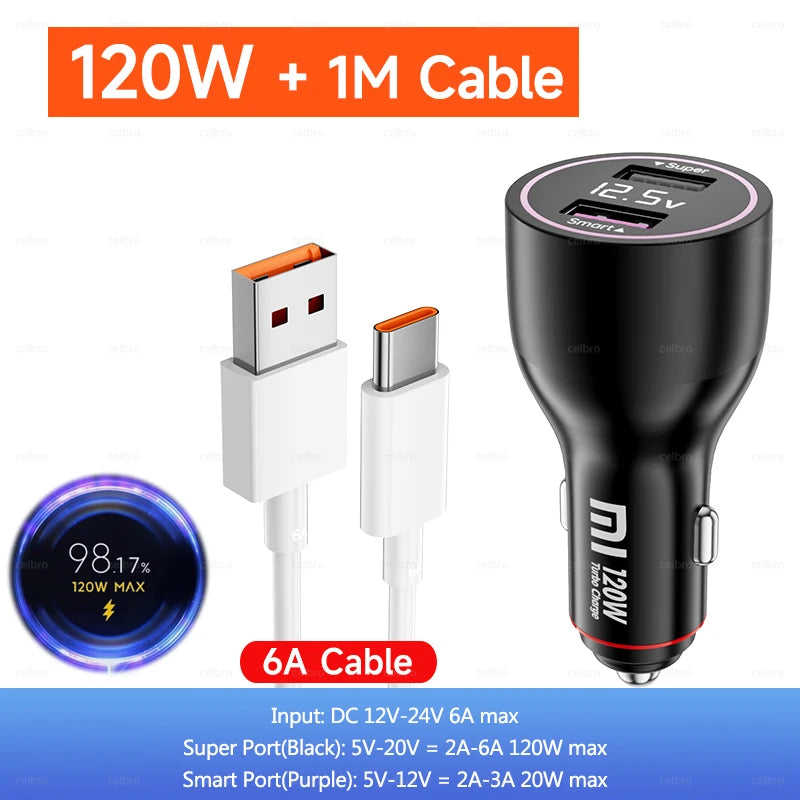 Chargeur de voiture Xiaomi 120W 6A Turbo