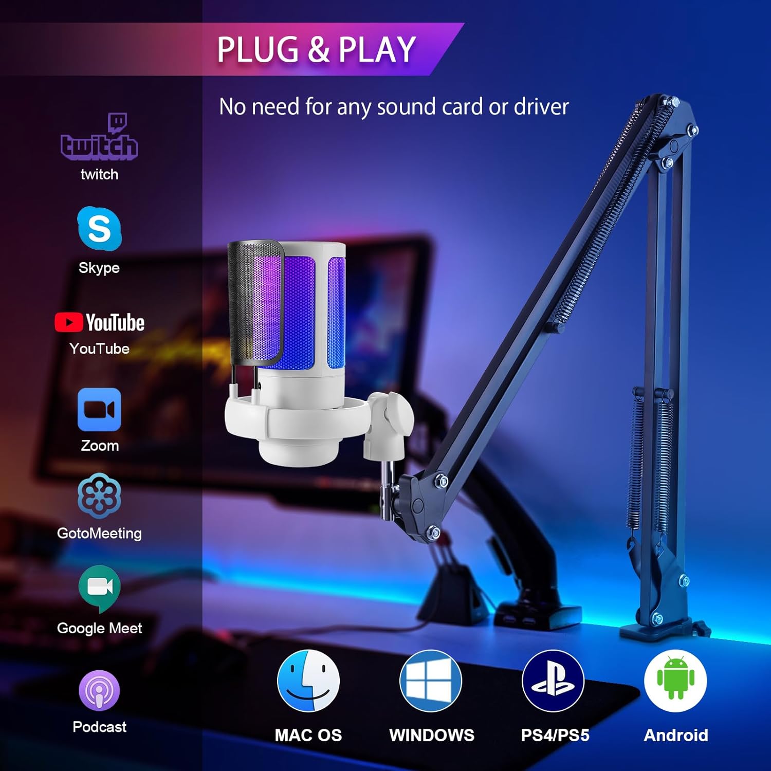FerBuee Microphone de Jeu PC USB avec lumière RGB - informati